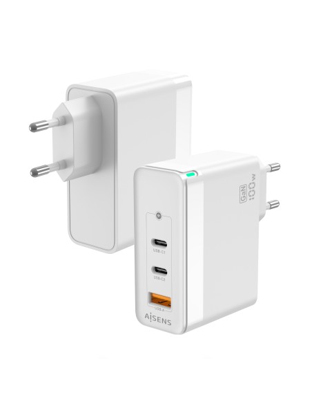 Cargador Gan 100W, 2xUSB-C PD3.0 QC4.0 QC5.0, 1xUSB-A QC3.0, Blanco