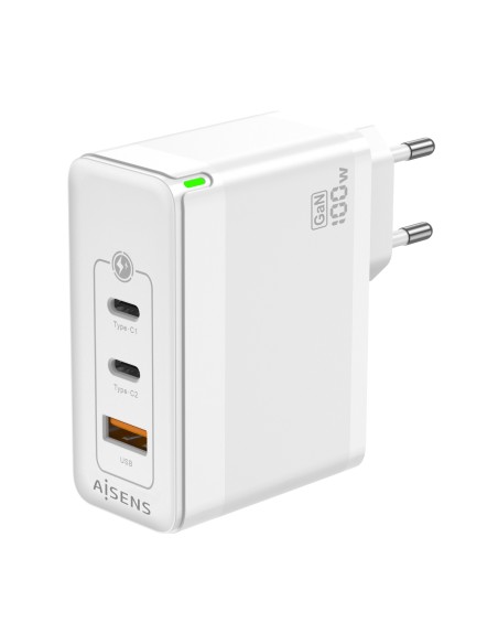 Cargador Gan 100W, 2xUSB-C PD3.0 QC4.0 QC5.0, 1xUSB-A QC3.0, Blanco