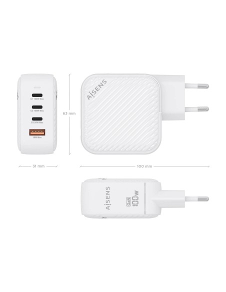 Cargador GaN 100W, 3xUSB-C PD3.0 QC4.0, 1xUSB-A QC3.0, Blanco
