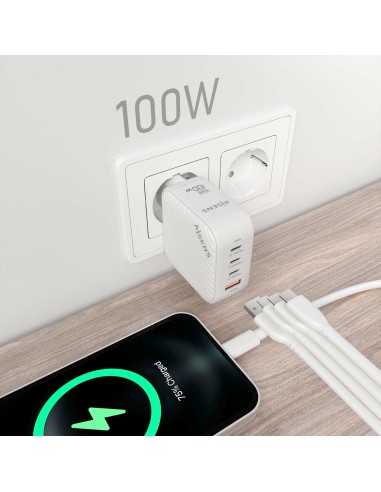 Cargador GaN 100W, 3xUSB-C PD3.0 QC4.0, 1xUSB-A QC3.0, Blanco