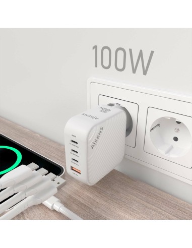 Cargador GaN 100W, 3xUSB-C PD3.0 QC4.0, 1xUSB-A QC3.0, Blanco