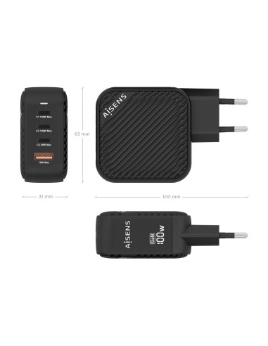 Cargador GaN 100W, 3xUSB-C PD3.0 QC4.0, 1xUSB-A QC3.0, Negro