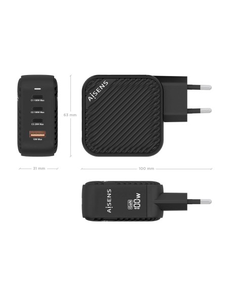 Cargador GaN 100W, 3xUSB-C PD3.0 QC4.0, 1xUSB-A QC3.0, Negro