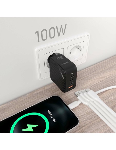 Cargador GaN 100W, 3xUSB-C PD3.0 QC4.0, 1xUSB-A QC3.0, Negro