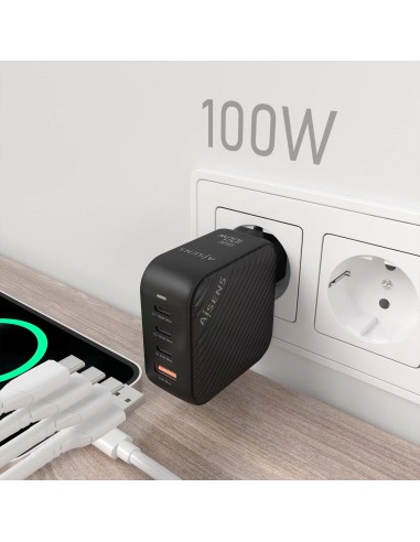 Cargador GaN 100W, 3xUSB-C PD3.0 QC4.0, 1xUSB-A QC3.0, Negro