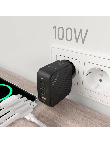 Cargador GaN 100W, 3xUSB-C PD3.0 QC4.0, 1xUSB-A QC3.0, Negro