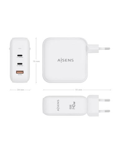 Cargador GaN 140W, 2xUSB-C PD3.1 QC4.0, 1xUSB-A QC3.0, Blanco