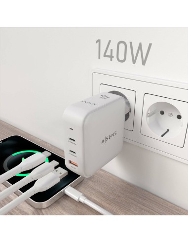 Cargador GaN 140W, 2xUSB-C PD3.1 QC4.0, 1xUSB-A QC3.0, Blanco