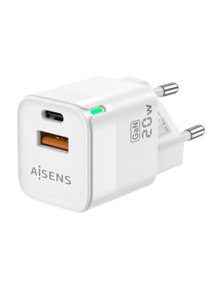 Cargador Gan 20W, 1xUSB-C PD3.0 QC4.0, 1xUSB-A QC3.0, Blanco