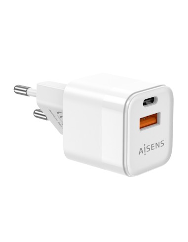 Cargador Gan 20W, 1xUSB-C PD3.0 QC4.0, 1xUSB-A QC3.0, Blanco