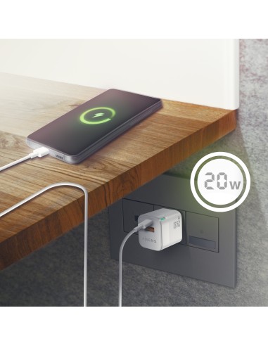 Cargador Gan 20W, 1xUSB-C PD3.0 QC4.0, 1xUSB-A QC3.0, Blanco