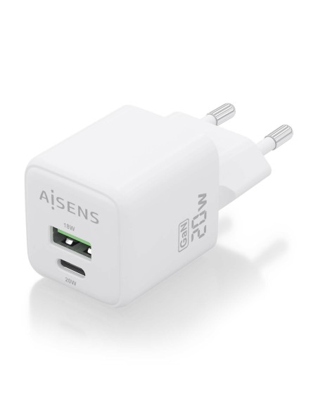 Cargador GaN 20W, 1xUSB-C PD3.0 QC4.0, 1xUSB-A QC3.0, Blanco