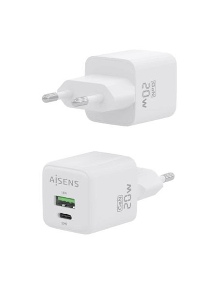Cargador GaN 20W, 1xUSB-C PD3.0 QC4.0, 1xUSB-A QC3.0, Blanco