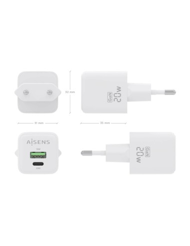 Cargador GaN 20W, 1xUSB-C PD3.0 QC4.0, 1xUSB-A QC3.0, Blanco