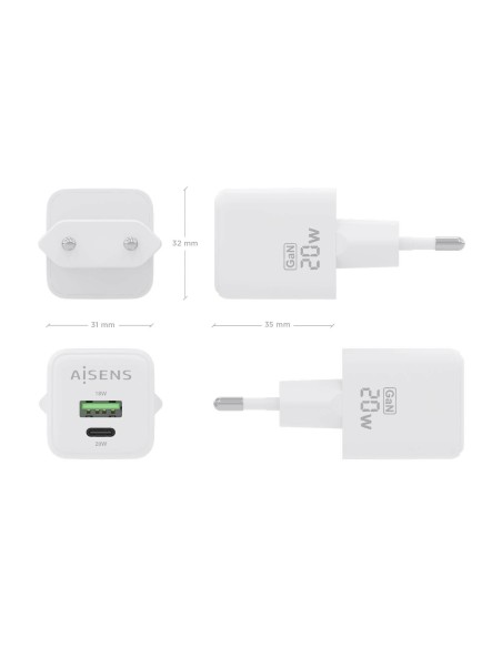 Cargador GaN 20W, 1xUSB-C PD3.0 QC4.0, 1xUSB-A QC3.0, Blanco