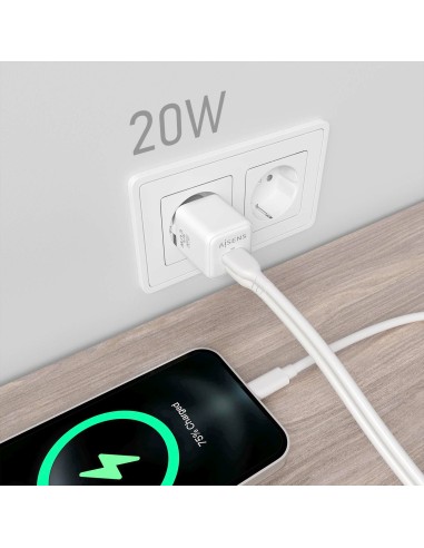 Cargador GaN 20W, 1xUSB-C PD3.0 QC4.0, 1xUSB-A QC3.0, Blanco