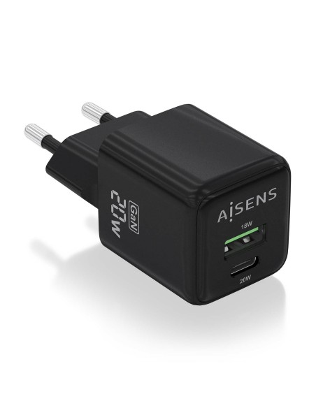 Cargador GaN 20W, 1xUSB-C PD3.0 QC4.0, 1xUSB-A QC3.0, Negro