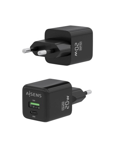 Cargador GaN 20W, 1xUSB-C PD3.0 QC4.0, 1xUSB-A QC3.0, Negro
