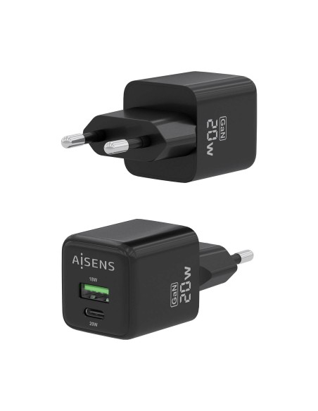 Cargador GaN 20W, 1xUSB-C PD3.0 QC4.0, 1xUSB-A QC3.0, Negro