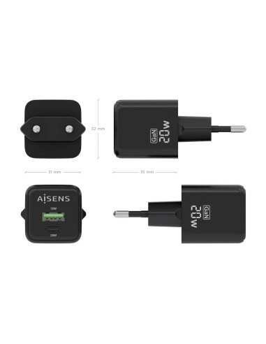 Cargador GaN 20W, 1xUSB-C PD3.0 QC4.0, 1xUSB-A QC3.0, Negro