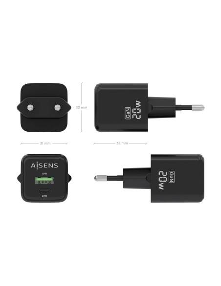 Cargador GaN 20W, 1xUSB-C PD3.0 QC4.0, 1xUSB-A QC3.0, Negro
