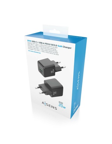 Cargador GaN 20W, 1xUSB-C PD3.0 QC4.0, 1xUSB-A QC3.0, Negro