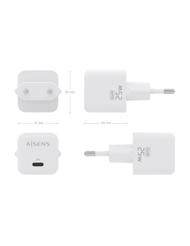 Cargador GaN 25W, 1xUSB-C PD3.0 QC4.0, Blanco