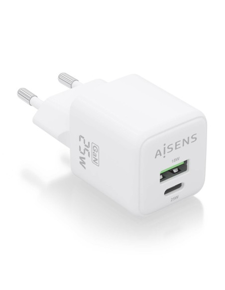 Cargador GaN 25W, 1xUSB-C PD3.0 QC4.0, 1xUSB-A QC3.0, Blanco