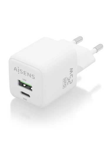 Cargador GaN 25W, 1xUSB-C PD3.0 QC4.0, 1xUSB-A QC3.0, Blanco