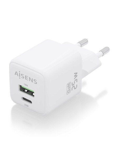 Cargador GaN 25W, 1xUSB-C PD3.0 QC4.0, 1xUSB-A QC3.0, Blanco
