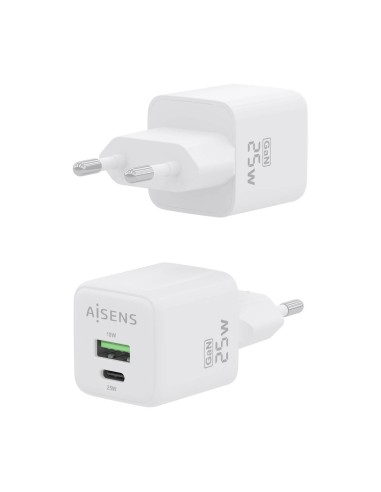 Cargador GaN 25W, 1xUSB-C PD3.0 QC4.0, 1xUSB-A QC3.0, Blanco