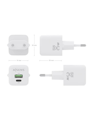 Cargador GaN 25W, 1xUSB-C PD3.0 QC4.0, 1xUSB-A QC3.0, Blanco