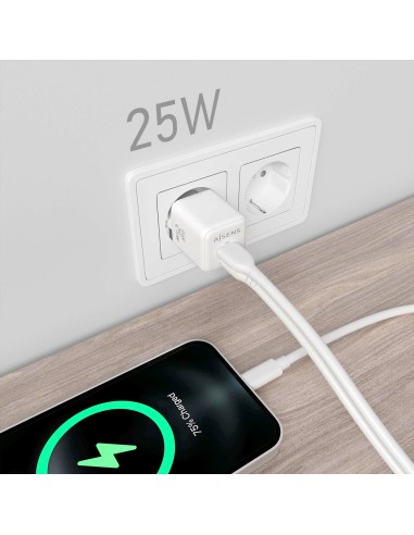 Cargador GaN 25W, 1xUSB-C PD3.0 QC4.0, 1xUSB-A QC3.0, Blanco