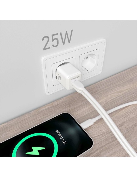 Cargador GaN 25W, 1xUSB-C PD3.0 QC4.0, 1xUSB-A QC3.0, Blanco