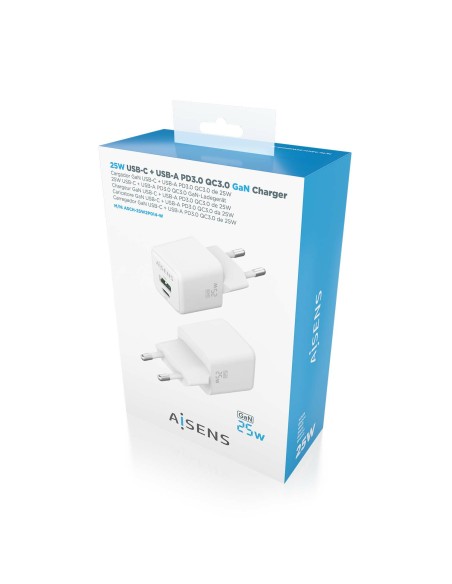 Cargador GaN 25W, 1xUSB-C PD3.0 QC4.0, 1xUSB-A QC3.0, Blanco