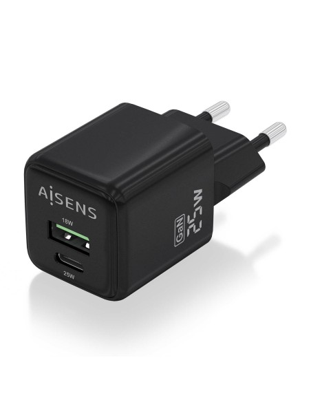 Cargador GaN 25W, 1xUSB-C PD3.0 QC4.0, 1xUSB-A QC3.0, Negro