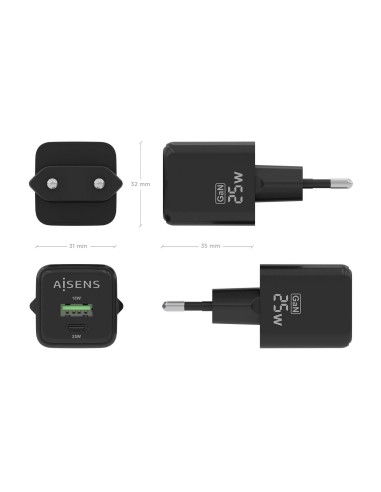 Cargador GaN 25W, 1xUSB-C PD3.0 QC4.0, 1xUSB-A QC3.0, Negro