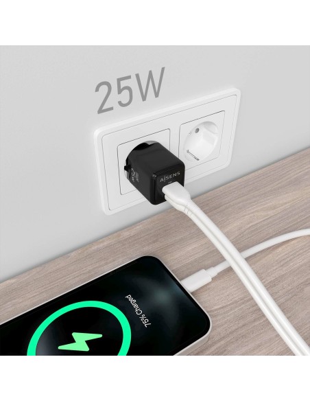 Cargador GaN 25W, 1xUSB-C PD3.0 QC4.0, 1xUSB-A QC3.0, Negro