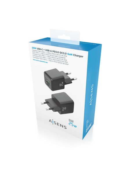 Cargador GaN 25W, 1xUSB-C PD3.0 QC4.0, 1xUSB-A QC3.0, Negro