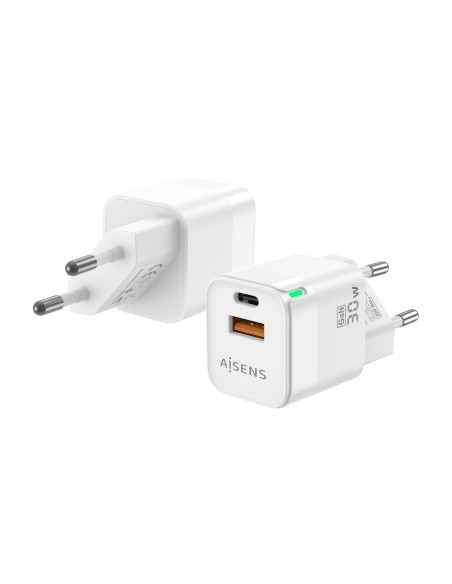 Cargador Gan 30W, 1xUSB-C PD3.0 QC4.0, 1xUSB-A QC3.0, Blanco