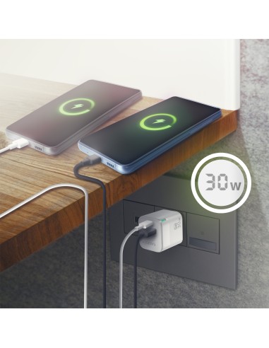 Cargador Gan 30W, 1xUSB-C PD3.0 QC4.0, 1xUSB-A QC3.0, Blanco