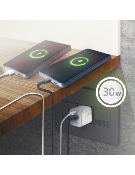 Cargador Gan 30W, 1xUSB-C PD3.0 QC4.0, 1xUSB-A QC3.0, Blanco