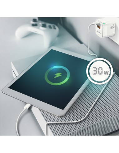 Cargador Gan 30W, 1xUSB-C PD3.0 QC4.0, 1xUSB-A QC3.0, Blanco