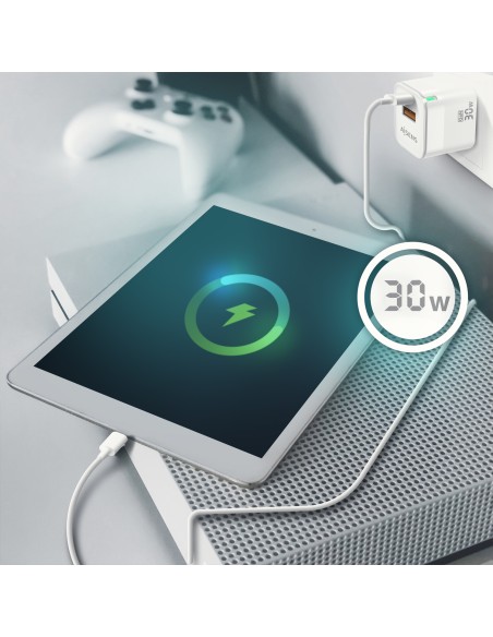 Cargador Gan 30W, 1xUSB-C PD3.0 QC4.0, 1xUSB-A QC3.0, Blanco