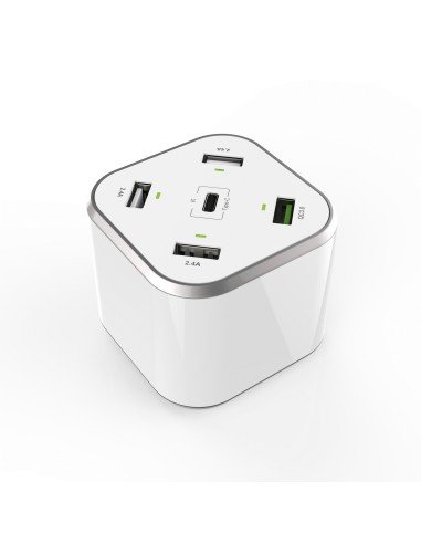 Cargador 48W 5 Puertos 3x USB-A 1x USB-C 1x USB QC3.0, Blanco