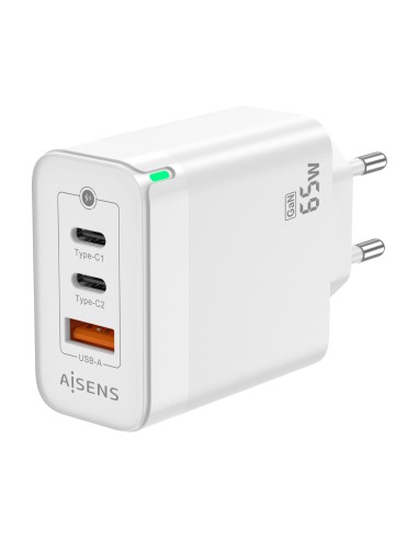 Cargador Gan 65W, 2xUSB-C PD3.0 QC4.0, 1xUSB-A QC3.0, Blanco