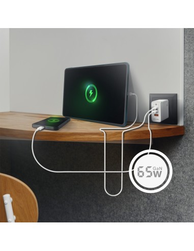 Cargador Gan 65W, 2xUSB-C PD3.0 QC4.0, 1xUSB-A QC3.0, Blanco