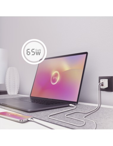 Cargador Gan 65W, 2xUSB-C PD3.0 QC4.0, 1xUSB-A QC3.0, Blanco
