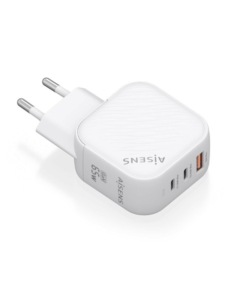 Cargador GaN 65W, 2xUSB-C PD3.0 QC4.0, 1xUSB-A QC3.0, Blanco