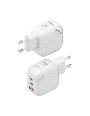 Cargador GaN 65W, 2xUSB-C PD3.0 QC4.0, 1xUSB-A QC3.0, Blanco